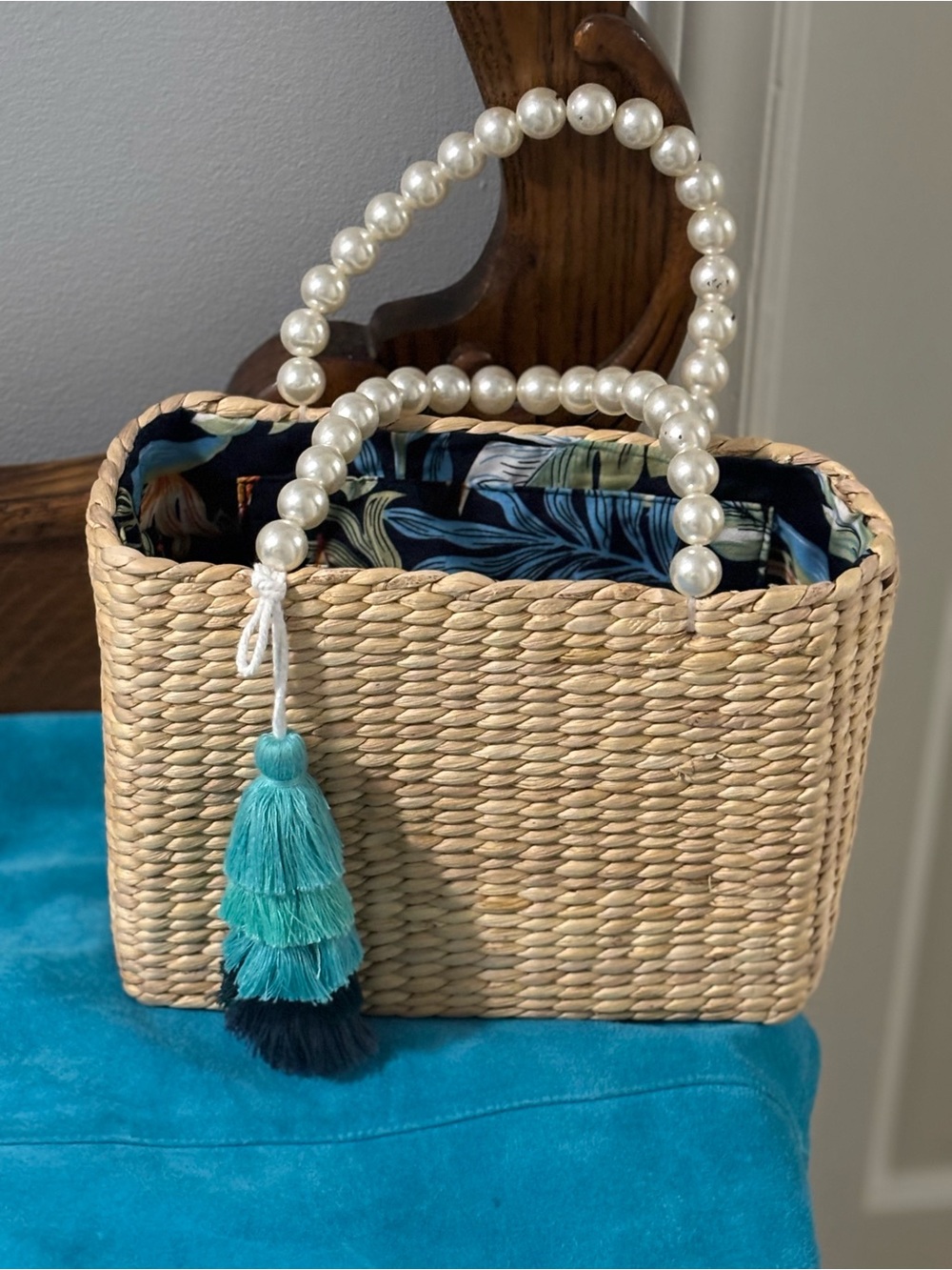 Pearl Beaded Straw Bag